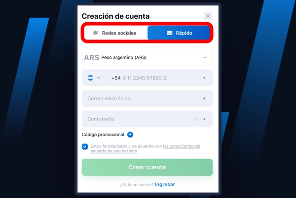 Elija la forma más conveniente de registrarse en 1Win.